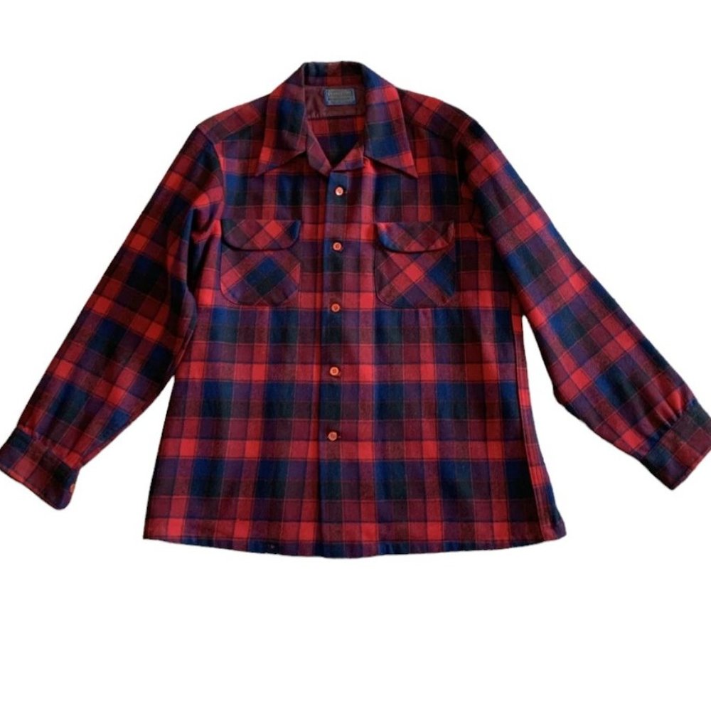 1960's Vintage Pendleton Plaid Wool Shirt Deep Red & Deep Navy Blue - Size M